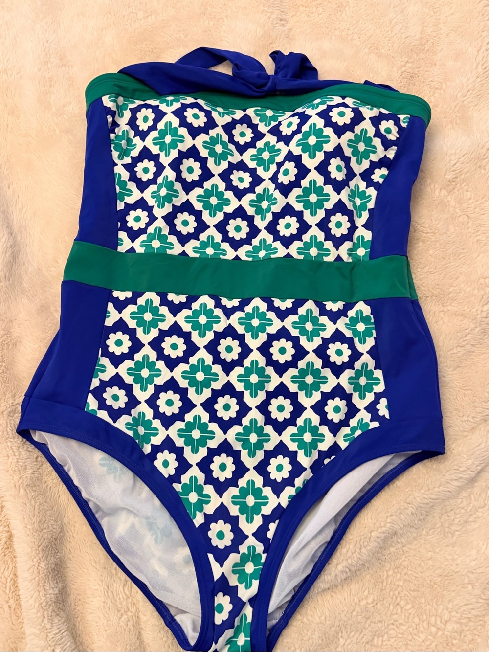 Boden Blue and Green Floral Geometric One-Piece Swimsuit